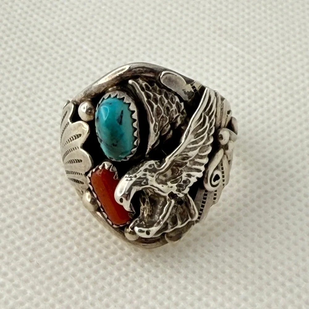 Richard Begay Navajo Eagle Ring Turquoise Coral Sterling Silver Size 13